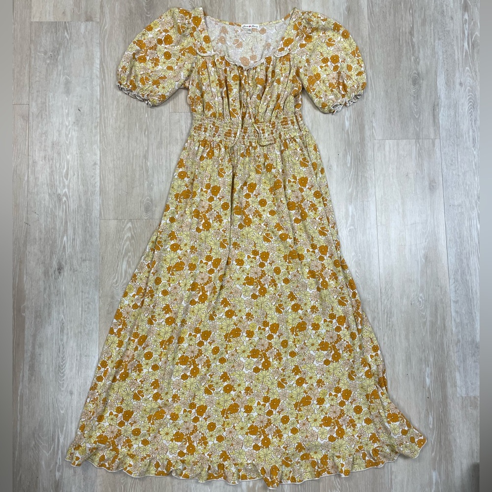 Haven and Hearts Retro Yellow Floral Puff Sleeve Maxi Dress Size M